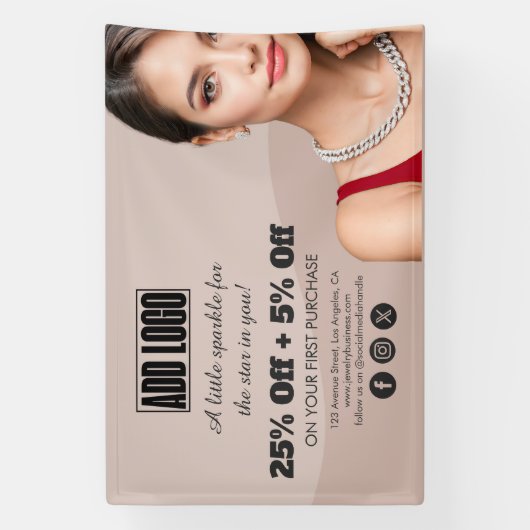 Moderne Beige Mode Sieraden Business Logo Spandoek (Verticaal)