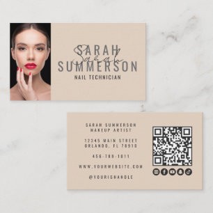 Moderne Beige Nagelsalon QR-code Foto Visitekaartje