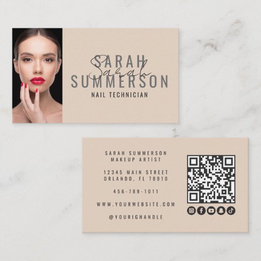 Moderne Beige Nagelsalon QR-code Foto Visitekaartje (Voorkant / Achterkant)