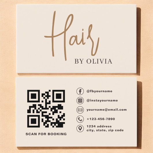 Moderne Beige Neutrale QR Code Haarstylist Visitekaartje