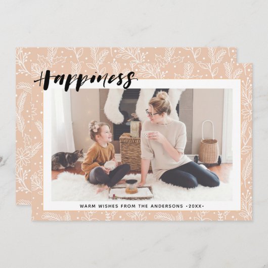 Moderne beige Pine Bough Simple Script HAPPINESS Feestdagenkaart (Voorkant / Achterkant)