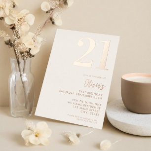 Moderne Beige Roze Goud Elegante 21e Verjaardag Folie Uitnodiging