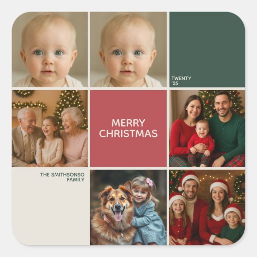 Moderne beige Sage RODE collage vrolijk kerstfeest Vierkante Sticker (Voorkant)
