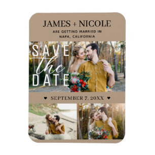 Moderne Beige Save the Date Huwelijk 3 Foto's Magneet