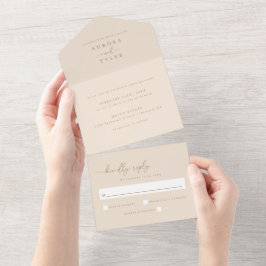 Moderne Beige Script Bruiloft All In One Uitnodiging