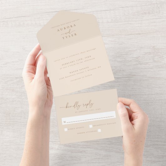 Moderne Beige Script Bruiloft All In One Uitnodiging (Afscheurbaar)