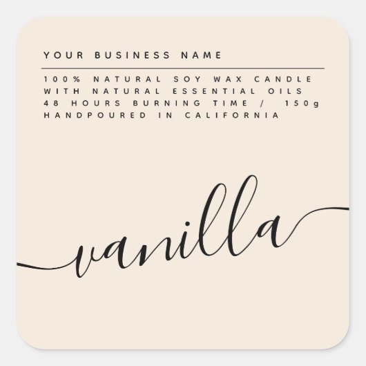 Moderne beige-sojakaarsenlabel vierkante sticker (Voorkant)