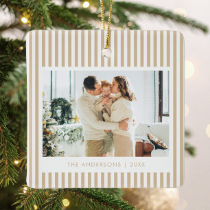 Moderne Beige Strepen Aangepaste Foto Kerstmis Keramisch Ornament