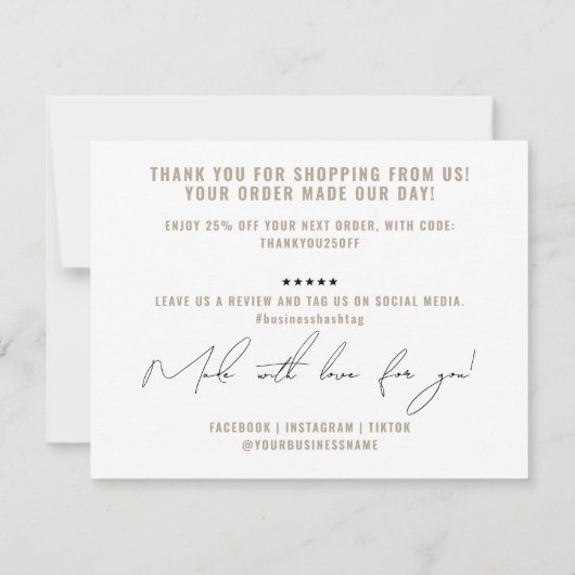 Moderne beige verpakking invoegen bedankkaart (Achterkant)