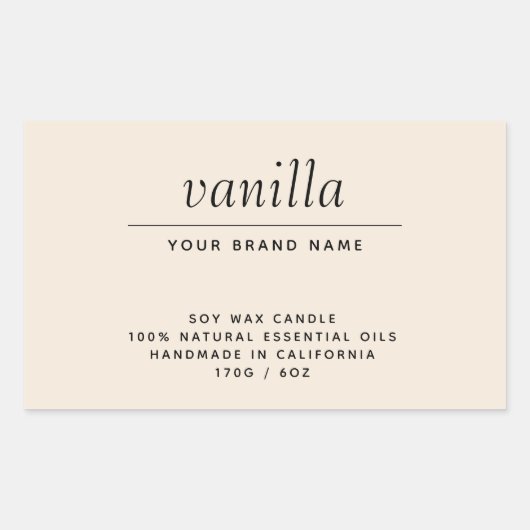 Moderne beige verpakkingskaarsenproduct rechthoekige sticker (Voorkant)