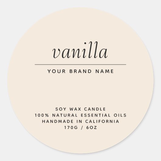 Moderne beige verpakkingskaarsenproduct ronde sticker (Voorkant)