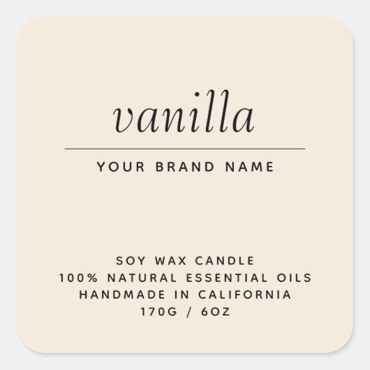 Moderne beige verpakkingskaarsenproduct vierkante sticker (Voorkant)