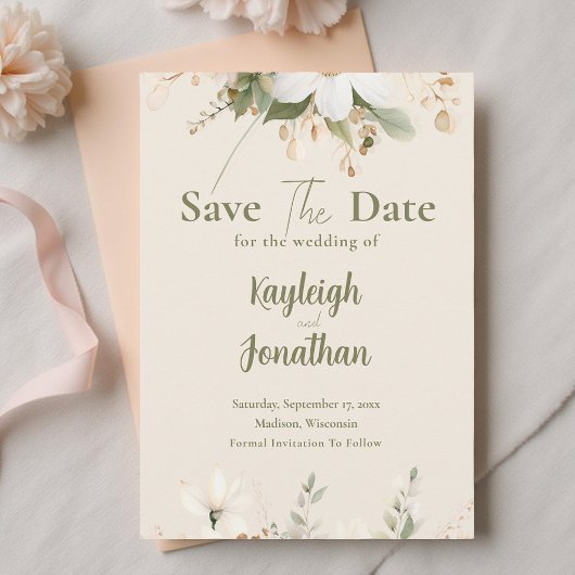 Moderne Beige Waterverf Bloemenbruiloft Save The Date