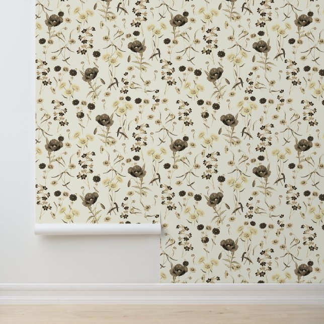 Moderne  Beige Wildbloemen Ivoor Wit Behang (Applicatie)