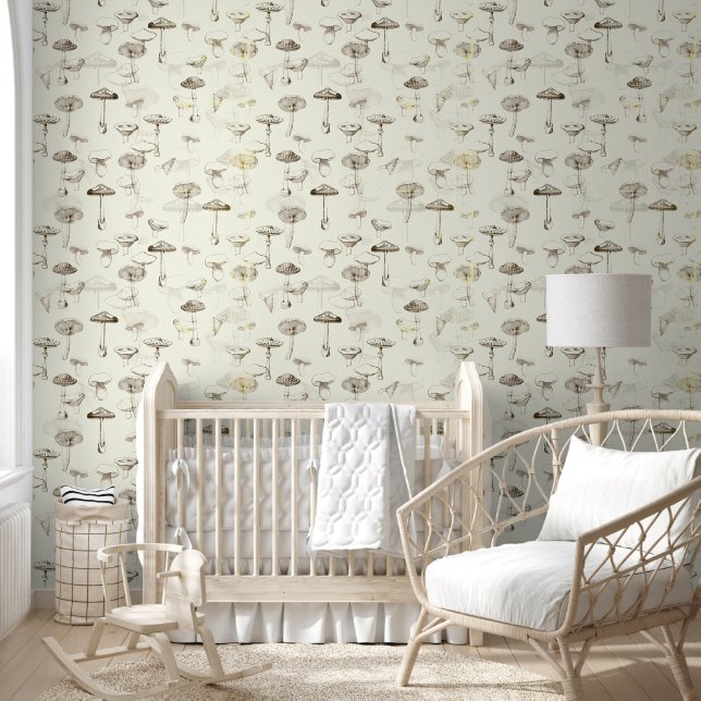 Moderne  Beige Witte Paddenstoelen Behang (Kinderen)