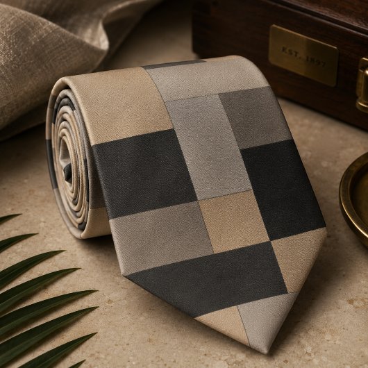 Moderne Beige & Zwarte Geometrische Stropdas