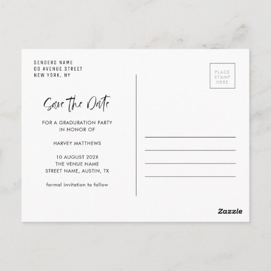 Moderne belettering afstuderen opslaan van de datu briefkaart (Achterkant)