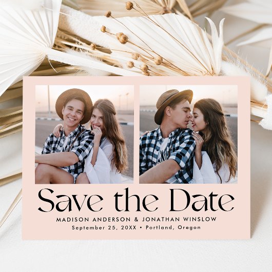 Moderne belettering blush 2 foto save the date