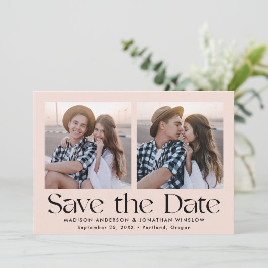 Moderne  belettering blush 2 foto save the date (Staand voorkant)