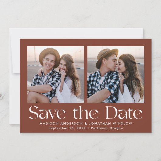 Moderne  belettering bruin 2 foto save the date (Voorkant)