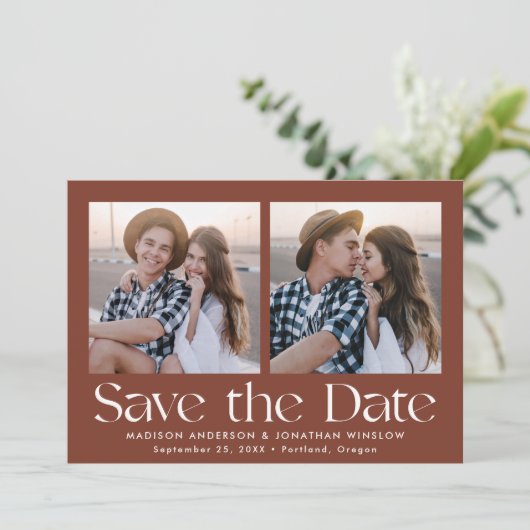 Moderne  belettering bruin 2 foto save the date (Staand voorkant)