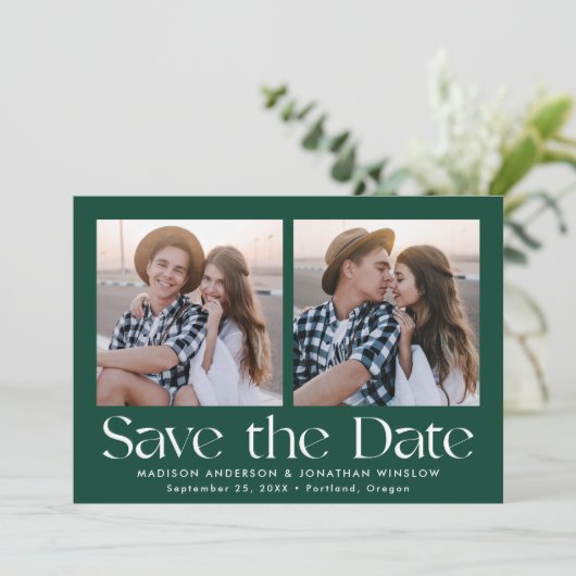 Moderne  belettering groen 2 foto save the date (Staand voorkant)