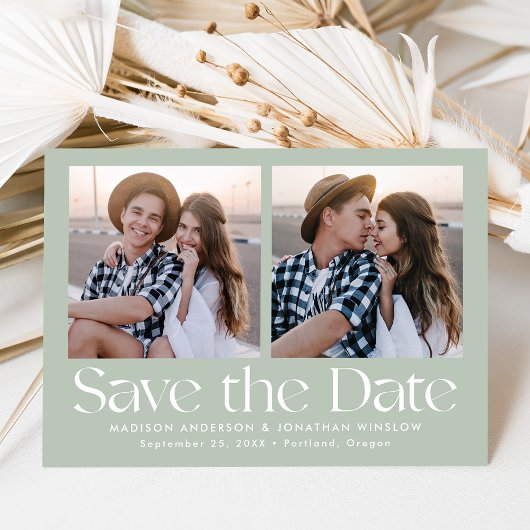 Moderne belettering Sage Green 2 foto Save The Date
