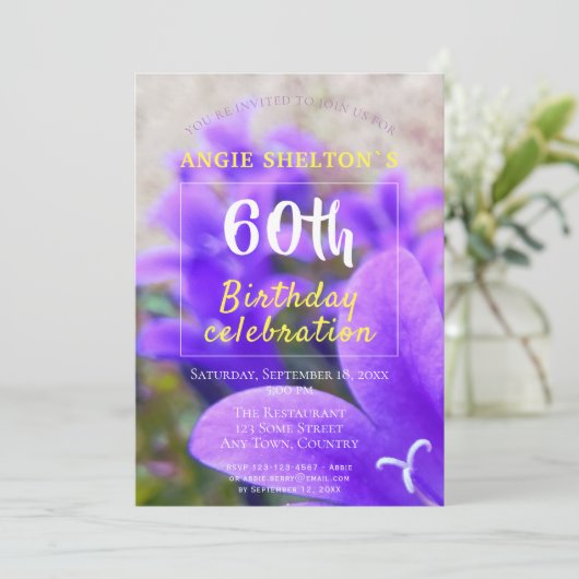 Moderne Bellflower Paarse Foto 60e verjaardag Kaart (Staand voorkant)