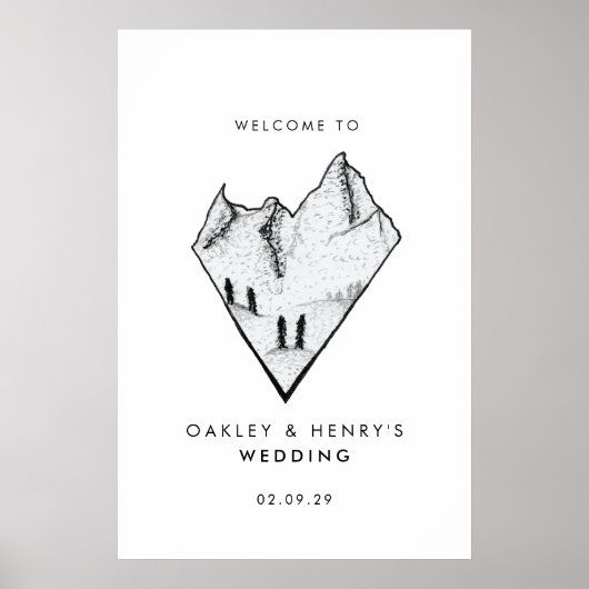 Moderne Berg Hart Schets Bruiloft Welkomstbord Poster (Voorkant)