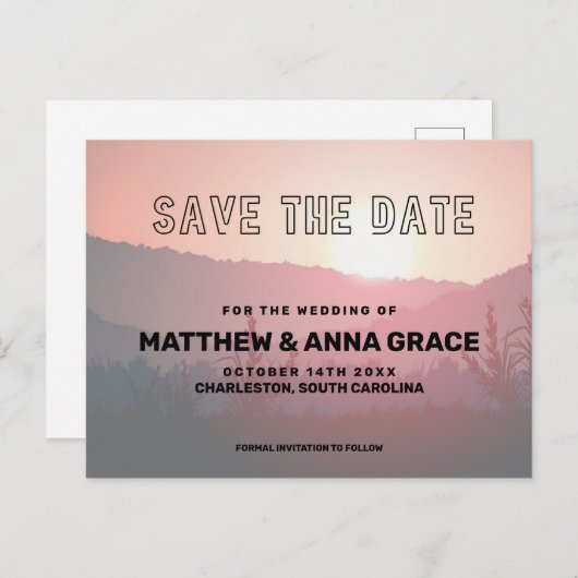 Moderne bergen bij zonsondergang Reizen Sla de dat Aankondigingskaart (Voorkant / Achterkant)