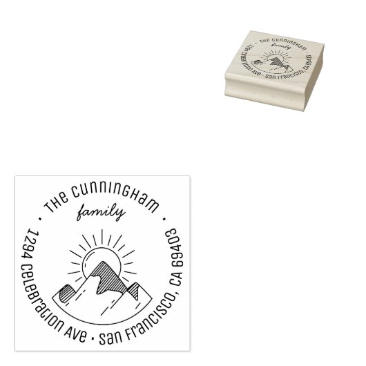 Moderne bergen & Sun Familienaam Return-adres Rubberstempel (Gestempeld)
