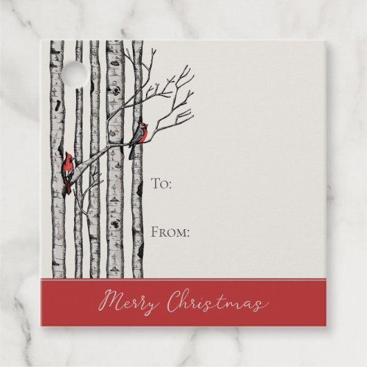 Moderne berkenbomen en rode kardinaalvogels cadeau bedankjes labels (Voorkant)