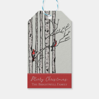 Moderne berkenbomen en rode kardinaalvogels cadeau cadeaulabel