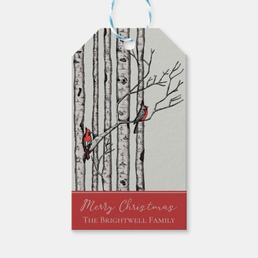 Moderne berkenbomen en rode kardinaalvogels cadeau cadeaulabel (Voorkant)