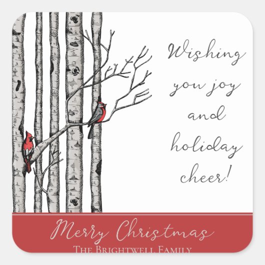 Moderne berkenbomen en rode kardinaalvogels vierkante sticker (Voorkant)