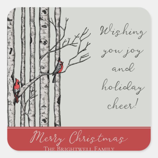 Moderne berkenbomen en rode kardinaalvogels vierkante sticker (Voorkant)