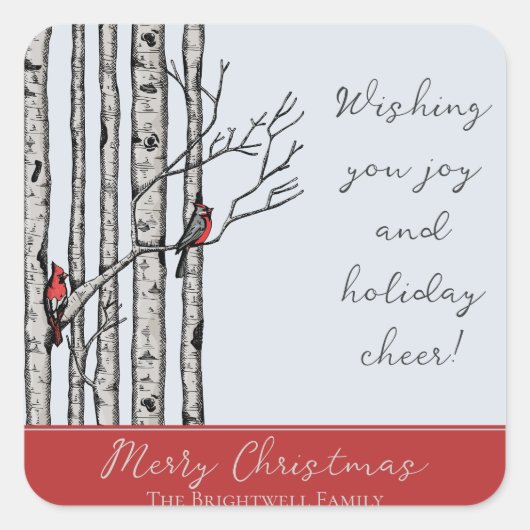 Moderne berkenbomen en rode kardinaalvogels vierkante sticker (Voorkant)