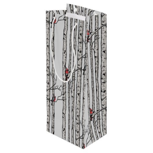 Moderne berkenbomen en rode kardinaalvogels wijn cadeautas (Achterkant Gekanteld)