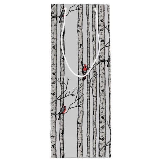 Moderne berkenbomen en rode kardinaalvogels wijn cadeautas (Achterkant)
