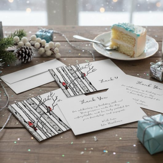 Moderne berkenbomen en rode vogels Dank je wel Notitiekaartje