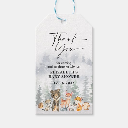 Moderne besneeuwde winter bos bedankje cadeaulabel (Voorkant)