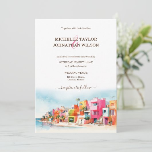 Moderne Bestemming Bruiloft Mexico Strand Kleurrij Kaart (Staand voorkant)