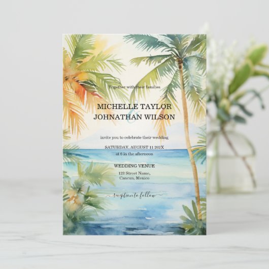 Moderne bestemming Bruiloft Palm Trees Strand Kaart (Staand voorkant)