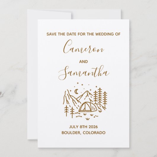 Moderne bestemmings-camping bruiloft save the date (Voorkant)