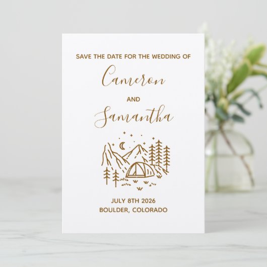 Moderne bestemmings-camping bruiloft save the date (Staand voorkant)