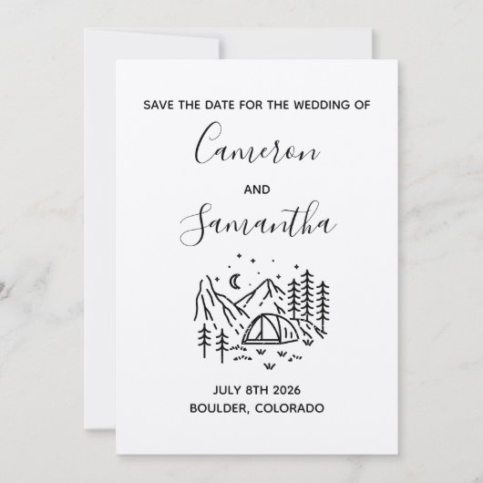 Moderne bestemmings-camping bruiloft save the date (Voorkant)