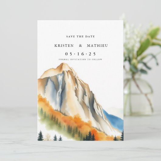 Moderne bewerkbare berg save the date (Staand voorkant)