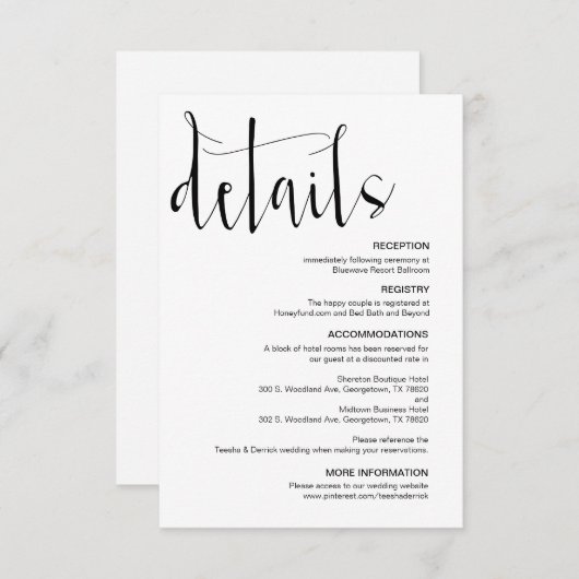 Moderne bewerkbare bruiloft details, zwart lettert informatiekaartje (Voorkant / Achterkant)
