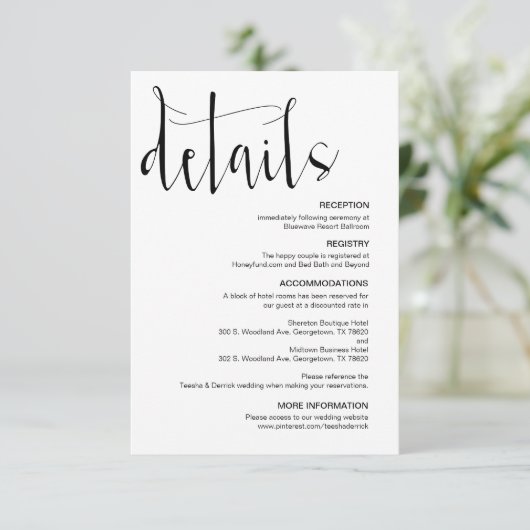 Moderne bewerkbare bruiloft details, zwart lettert informatiekaartje (Staand voorkant)