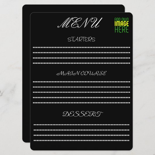 MODERNE BEWERKBARE EENVOUDIGE ZWARTE AFSBEELDING T MENU (Voorkant / Achterkant)